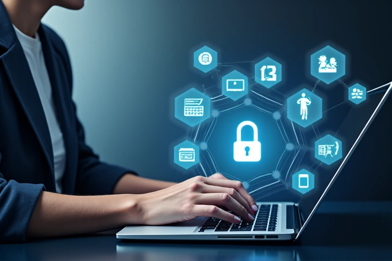 Osoba korzystająca z laptopa z ikonami bezpieczeństwa i etyki